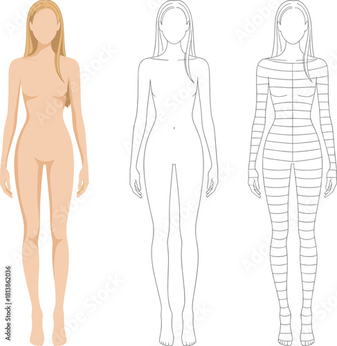 Female fashion figure templates showcasing front body, fashion sketch outlines, measurement guide lines, ideal for apparel design, cad drawing flat vector illustration