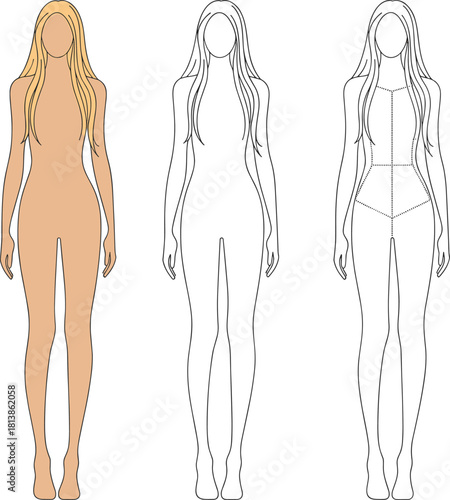Female fashion figure templates with front and back views, detailed body outline for apparel design, cad drawing flat vector illustration