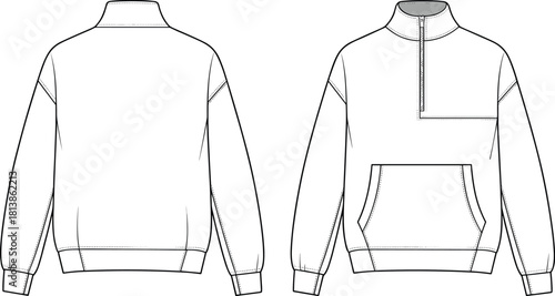 High quality half zip sweatshirt technical flat sketch, front and back view apparel template, detailed fashion design outline for designers, cad drawing flat vector illustration