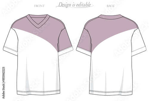 mockup tees v-neck, Men Color block v-neck t-shirt with upper contrast slanted insert, contrast wearer right sleeve, dropped shoulder, sketch front and back, vectors.eps10