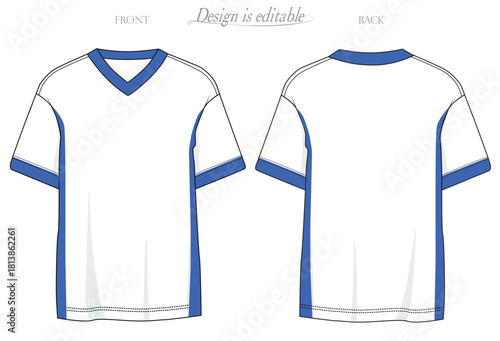 mockup tees, contrasting blue v-neck band, Men's V neck t-shirt with contrasting blue arm bands on cuffs, dropped shoulders, contrasting blue front side of body, front and back sketch.eps10