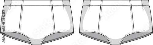 High-waist briefs technical fashion sketch, front view, seam and contour detail, waistband structure, cad drawing flat vector illustration