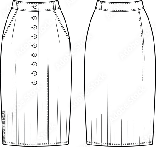 High-waisted midi skirt technical fashion sketch, front and back view, button closure, belt loops, seam lines, cad drawing flat vector illustration