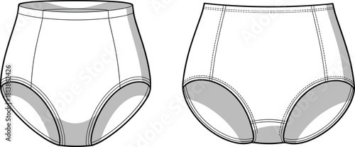 High-waisted women’s underwear technical fashion sketch, front and back view, seam detail, elastic placement, cad drawing flat vector illustration
