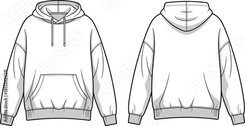 Hoodie front and back technical fashion sketch, blank sweatshirt template, apparel design outline, garment flat drawing – cad drawing flat vector illustration