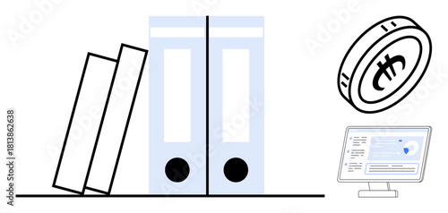 File folders on desk, cryptocurrency coin, and computer with data displayed. Ideal for finance, technology, organization, investment, data management cryptocurrency and modern systems. Simple flat
