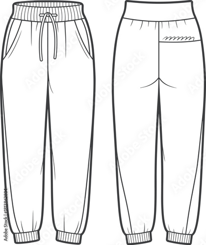 Jogger pants technical fashion sketch, front and back view, drawstring waist, patch pocket, ribbed cuffs, cad drawing flat vector illustration