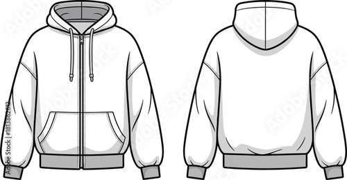 Hoodie template front and back, blank sweatshirt design, apparel fashion mockup, garment sketch, technical drawing, cad drawing flat vector illustration