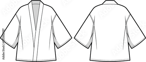 Kimono jacket technical flat fashion sketch, front and back view garment template with detailed seams for designers, cad drawing flat vector illustration
