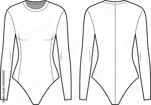 Long sleeve bodysuit fashion technical flat, front and back CAD drawing, detailed vector illustration for apparel design, garment template, mockup accuracy