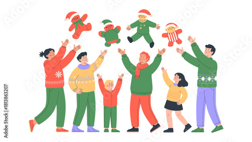 Joyful Gathering: A festive group celebrates the holiday spirit with glee, raising their arms in a cheerful display with cartoon Christmas figures.