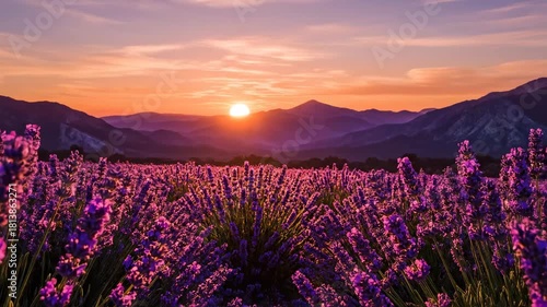 Lavender Field at Sunset - A picturesque landscape of a lavender field with the setting sun casting a warm glow over the mountains in the background.