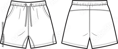 Men’s athletic shorts technical fashion flat, front and back view design, detailed stitching illustration, apparel template for designers, cad drawing flat vector illustration