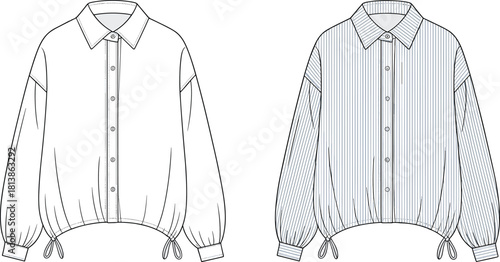 Loose-fit women’s button-front shirt with drawstring hem and cuffed sleeves, fashion flat template, detailed stitching, cad drawing flat vector illustration