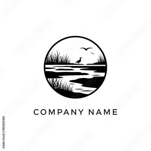 Elegant Wetland Logo Design with Bird and Water.