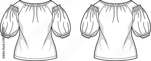 Off-the-shoulder puff sleeve blouse technical fashion sketch, front views, gathered neckline and hem, cad drawing flat vector illustration