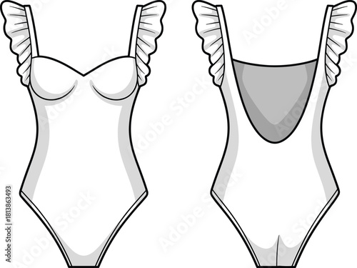 One-piece swimsuit technical fashion sketch, front and back view, ruffled straps, sweetheart neckline, scoop back, cad drawing flat vector illustration