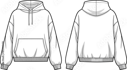 Oversized hoodie technical fashion template with front and back views, kangaroo pocket, drawstring hood, rib cuffs, detailed stitching, cad drawing flat vector illustration