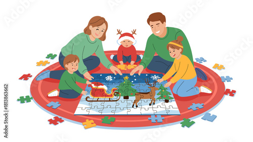 Holiday Puzzle Fun: A family is seen joyfully gathered around a puzzle depicting a holiday scene, each member actively participating in the activity, creating a shared experience of togetherness. 
