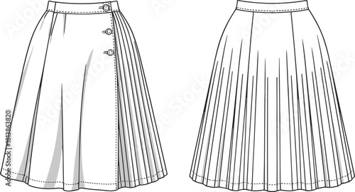 Pleated skirt fashion illustration, asymmetric and full pleats, front views, button closure detail, cad drawing flat vector illustration