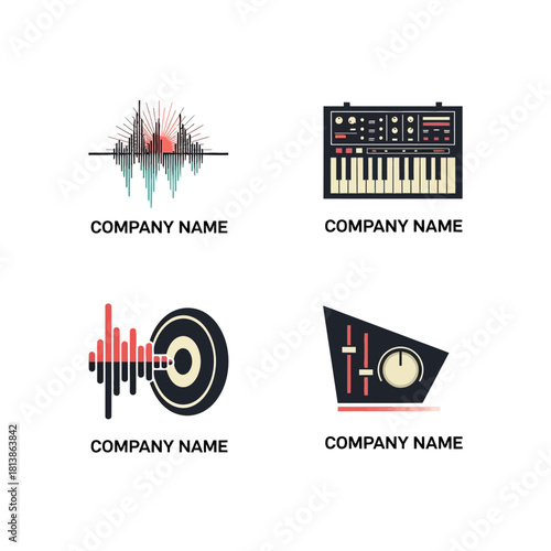 Music Logo Designs - Sound Waves, Synthesizer, Vinyl, and Mixer.
