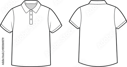 Polo shirt fashion sketch, technical flat vector, garment design template, clothing construction drawing, CAD illustration front and back views
