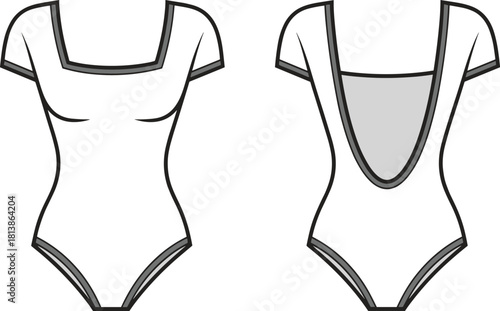 Short sleeve bodysuit fashion cad drawing, square neck front and deep scoop back technical flat vector garment illustration for apparel designers
