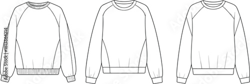 Raglan sleeve sweatshirt front and back technical fashion flat, fleece pullover top design details, cad drawing flat vector illustration