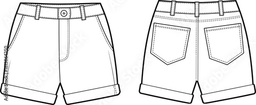 Shorts technical fashion sketch, front and back view, belt loops, patch pockets, rolled hems, cad drawing flat vector illustration