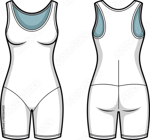 Sleeveless bodysuit fashion sketch, technical flat vector, garment design template, clothing construction drawing, CAD illustration front and back views