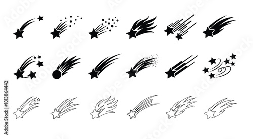 Collection of hand drawn shooting stars in black and white.