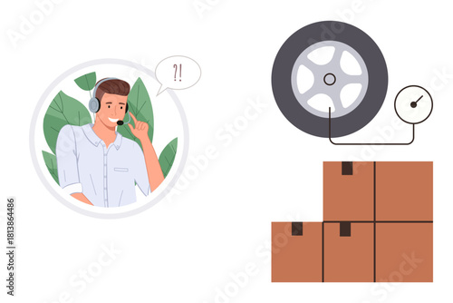 Customer service agent with a headset addressing delivery or tire pressure queries. Tire icon with gauge and packed cardboard boxes. Ideal for logistics, customer care, automotive service