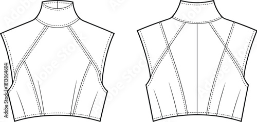 Sleeveless high-neck crop top technical fashion sketch, seam detail front and back view, cad drawing flat vector illustration