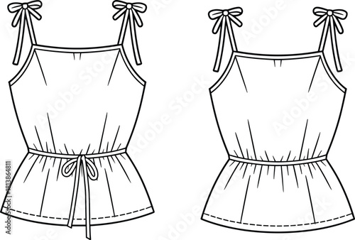 Sleeveless top technical sketch, front and back view, fashion flat drawing, garment construction, vector illustration, CAD apparel template