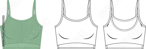 Sports bra technical flat sketch with front and back views, seamless design details, fashion CAD drawing flat vector illustration
