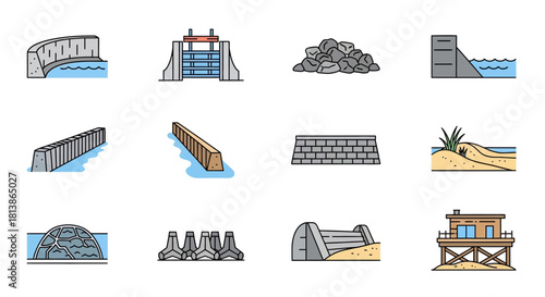 Coastal Engineering and Flood Protection Structures Icon Set.