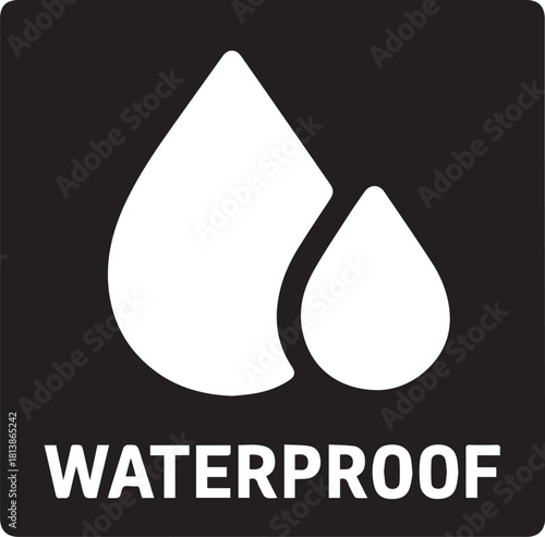 A simple, bold icon featuring two white water droplets on a black background with the word WATERPROOF in white text below.