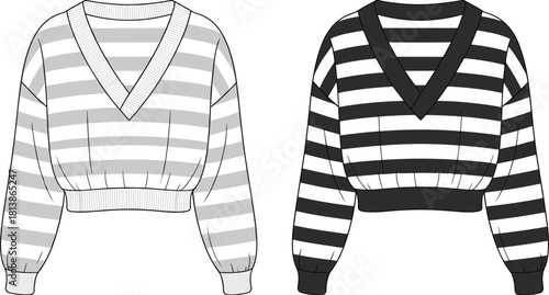 Striped V neck sweater fashion template, long sleeve knitwear top technical sketch, apparel design sheet for garment industry, cad drawing flat vector illustration