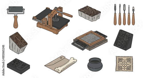 Collection of traditional printmaking tools and equipment for artistic creation.