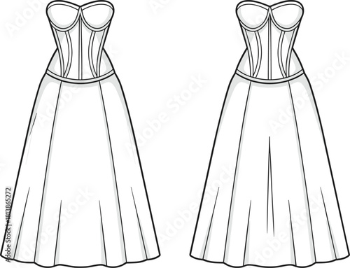 Strapless corset dress technical fashion sketch, front views, sweetheart neckline, pleated skirt, cad drawing flat vector illustration