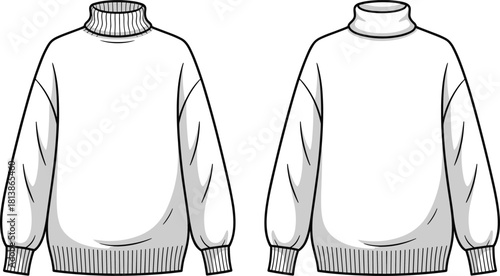 Sweater neck style fashion sketch, technical flat vector, garment design template, clothing construction drawing, CAD illustration front and back views