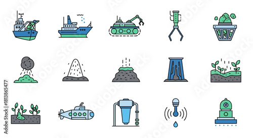 Environmental and Industrial Icons Representing Pollution and Technology.
