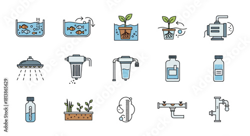 Hydroponics and Aquaponics Systems - Components and Setup Illustrations.