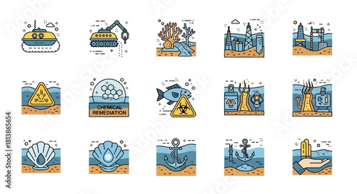 Illustrations of Water Pollution - Industrial Waste, Nuclear Contamination, and Environmental Damage.