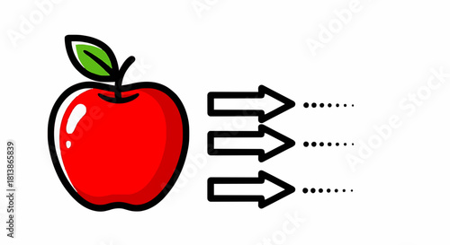 Vector illustration of a red apple with arrows pointing outwards, representing the concept of data flow and nutritional information
