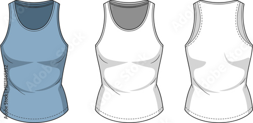 Tank top fashion sketch, technical flat vector, garment design template, clothing construction drawing, CAD illustration front and back views