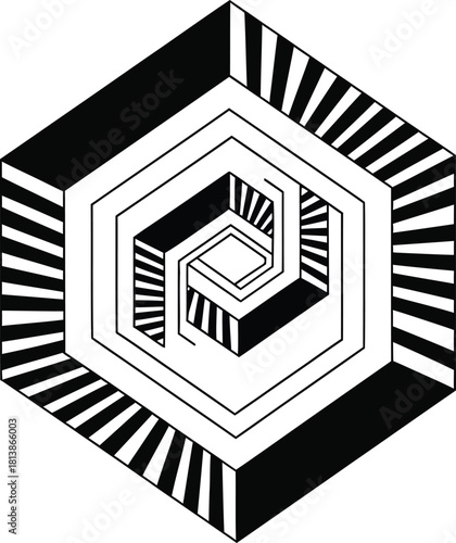 Black and white optical illusion drawing of a complex impossible cube or hexagon shape featuring nested geometric patterns and radiating lines creating a sense of depth and visual paradox