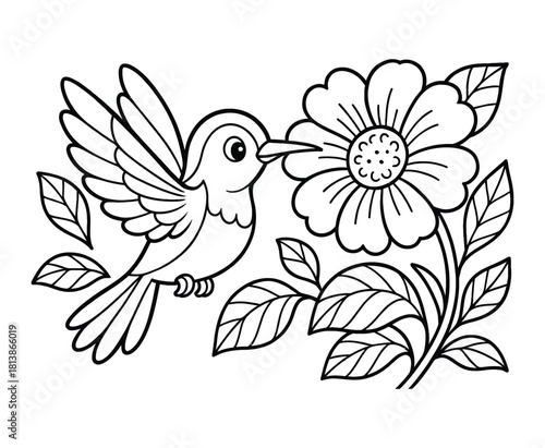 Hummingbird is flying near flower to eat nectar in cartoon style vector