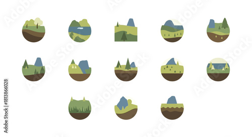 Stylized landscape icons representing diverse natural environments and terrains.
