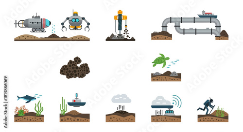 Underwater exploration and marine life conservation set.